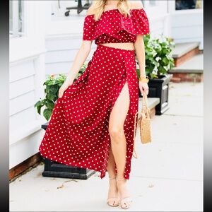 Red Polka Dot Crop Top and Maxi Skirt with Slit